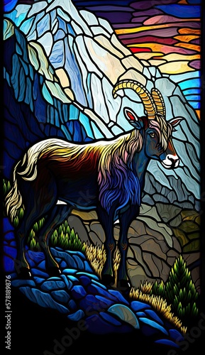 Artistic Beautiful Desginer Handcrafted Stained Glass Artwork of a Alpine Goat Animal in Art Nouveau Style with Vibrant and Bright Colors  Illuminated from Behind  generative AI 