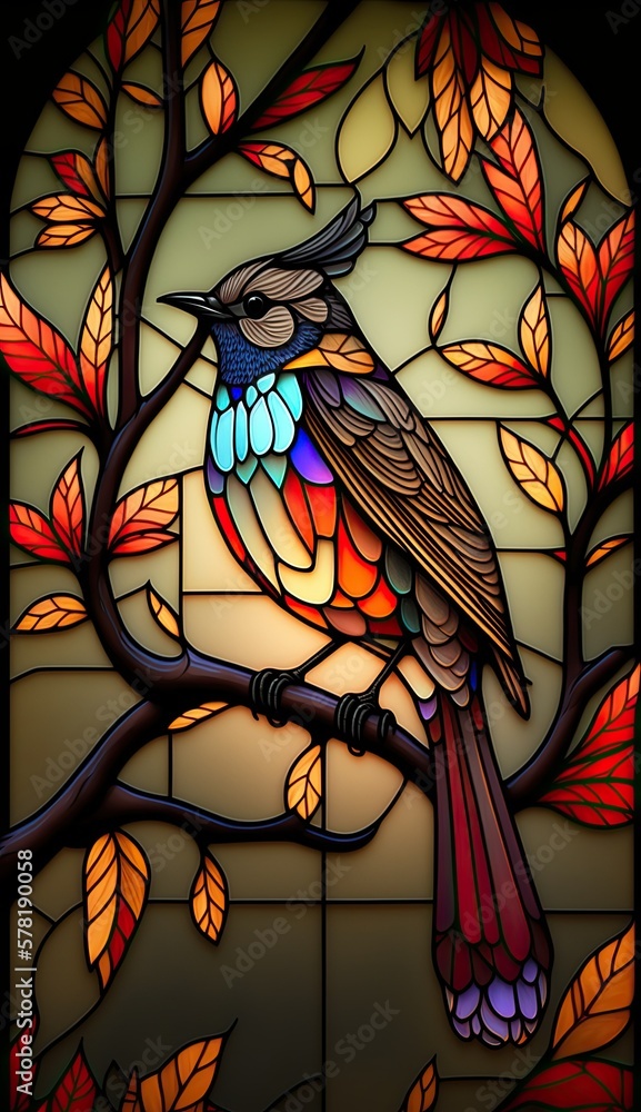 Artistic Beautiful Desginer Handcrafted Stained Glass Artwork of a Bulbul Animal in Art Nouveau Style with Vibrant and Bright Colors, Illuminated from Behind (generative AI)