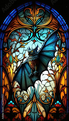 Artistic Beautiful Desginer Handcrafted Stained Glass Artwork of a Bat Animal in Art Nouveau Style with Vibrant and Bright Colors, Illuminated from Behind (generative AI)