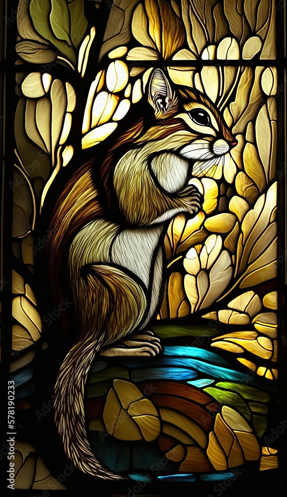 Artistic Beautiful Desginer Handcrafted Stained Glass Artwork of a Chipmunk Animal in Art Nouveau Style with Vibrant and Bright Colors, Illuminated from Behind (generative AI)