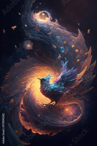 Beautiful Artistic Spiraling Galaxies and Iridescent Nebulae in Intricate Detail, Forming the Shape of a Bulbul in Space (generative AI)