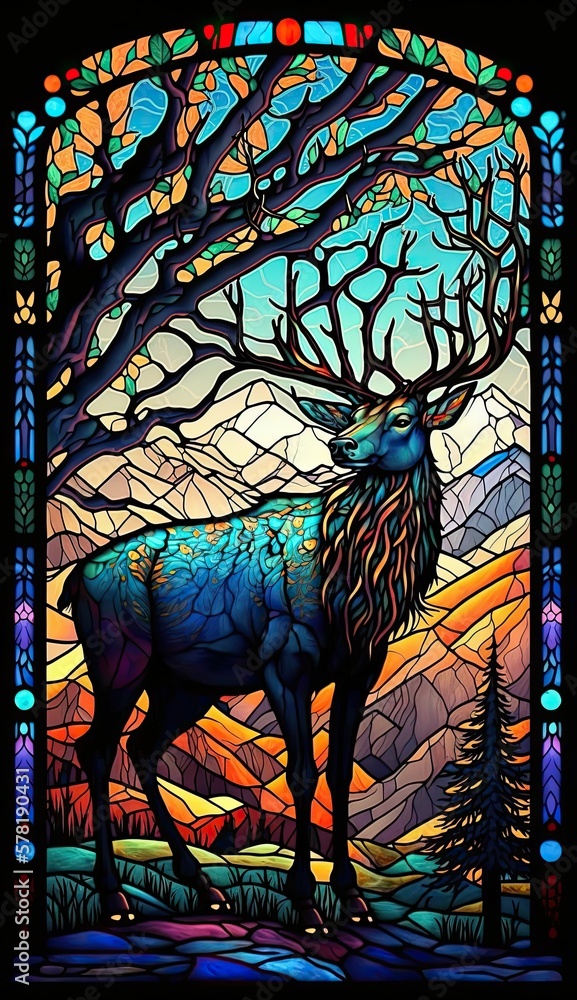 Obraz premium Artistic Beautiful Desginer Handcrafted Stained Glass Artwork of a Elk Animal in Art Nouveau Style with Vibrant and Bright Colors, Illuminated from Behind (generative AI)