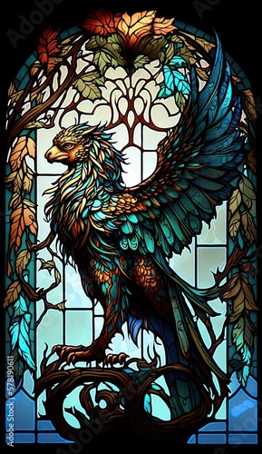 Artistic Beautiful Desginer Handcrafted Stained Glass Artwork of a Griffin Animal in Art Nouveau Style with Vibrant and Bright Colors, Illuminated from Behind (generative AI)