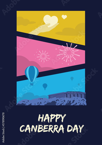 VECTORS. Editable poster for the Canberra Day in Australia. Balloon festival, giving day, charity, fireworks, light show, traditions