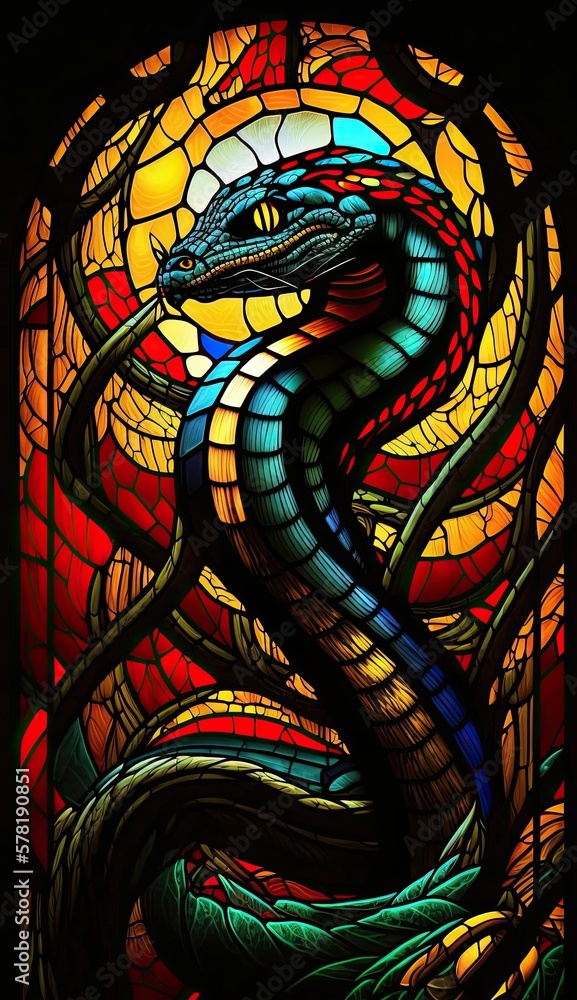 Artistic Beautiful Desginer Handcrafted Stained Glass Artwork of a King Cobra Animal in Art Nouveau Style with Vibrant and Bright Colors, Illuminated from Behind (generative AI)