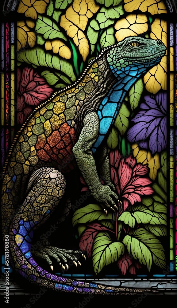 Artistic Beautiful Desginer Handcrafted Stained Glass Artwork of a Komodo Dragon Animal in Art Nouveau Style with Vibrant and Bright Colors, Illuminated from Behind (generative AI)