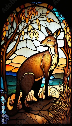Artistic Beautiful Desginer Handcrafted Stained Glass Artwork of a Kangaroo Animal in Art Nouveau Style with Vibrant and Bright Colors  Illuminated from Behind  generative AI 