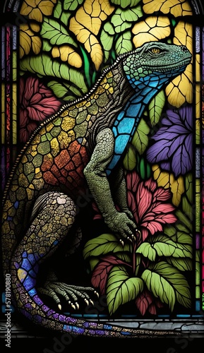 Artistic Beautiful Desginer Handcrafted Stained Glass Artwork of a Komodo Dragon Animal in Art Nouveau Style with Vibrant and Bright Colors, Illuminated from Behind (generative AI)
