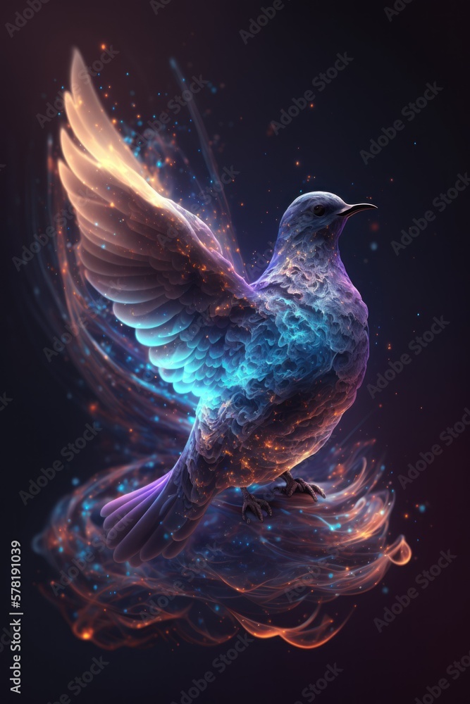Obraz premium Beautiful Artistic Spiraling Galaxies and Iridescent Nebulae in Intricate Detail, Forming the Shape of a Dove in Space (generative AI)