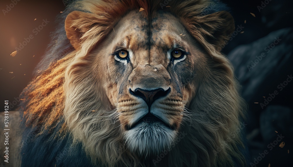 Close portrait of a lion - Illustration - AI technology