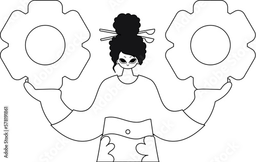 Girl grips cogs in hands. Vector art shows linearstyle.