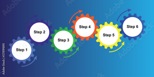 Colorful gears infographics illustration with blue gradation background. Cogs transmission connecting mechanical, engineering progress business presentation, Cog wheel connection banner flat design.