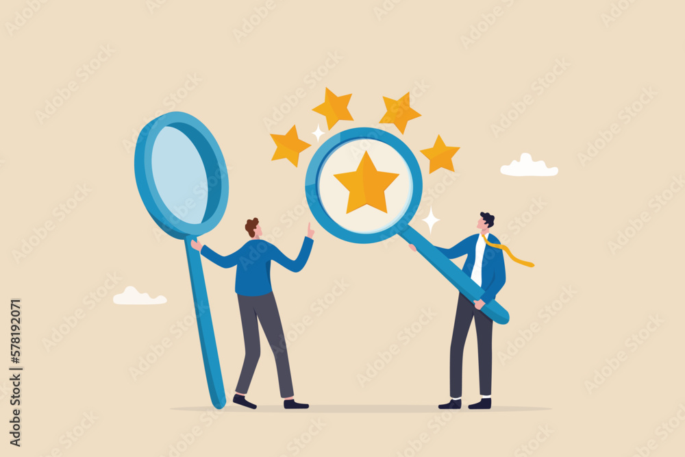 Appraisal, evaluate or assessment for quality or value, property or real estate rating evaluation, analyze employee performance concept, businessman with magnifying glass with stars quality score. Appraisal, evaluate or assessment for quality or value, property or real estate rating evaluation, analyze employee performance concept, businessman with magnifying glass with stars quality score.