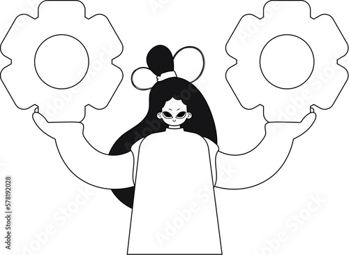 Girl grips gears, linear style vector illustration.
