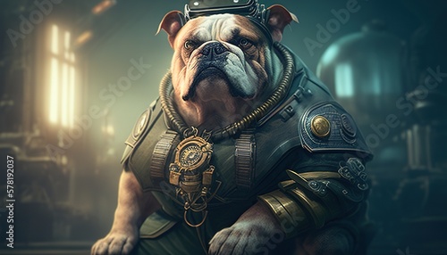 Fotografiet tough bulldog military leader digital art illustration, Generative AI