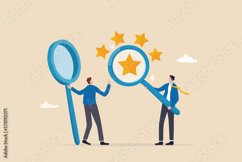 Appraisal, evaluate or assessment for quality or value, property or real estate rating evaluation, analyze employee performance concept, businessman with magnifying glass with stars quality score.
