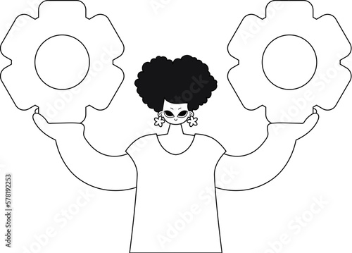Girl grips cogs in hands. Illustration in lineart style.