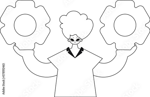 He firmly grasps cogs in both hands; a vector image capturing the moment.