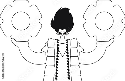 A man grips gears in his palms; linear aesthetic in a vector illustration.