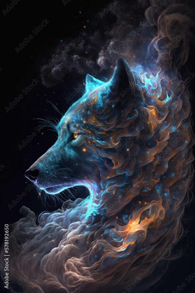 Fototapeta premium Beautiful Artistic Spiraling Galaxies and Iridescent Nebulae in Intricate Detail, Forming the Shape of a Wolf in Space (generative AI)