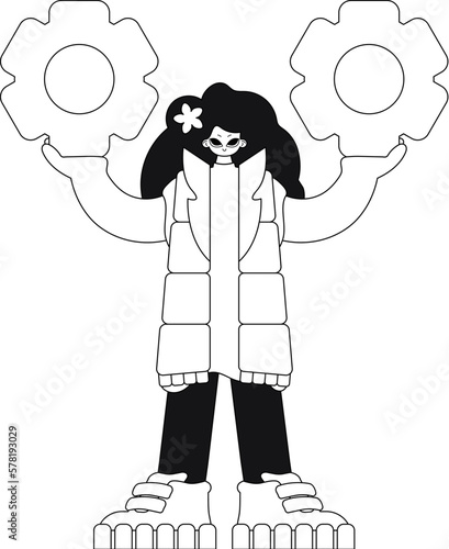 Girl holds gears in her hands linear vector illustration.