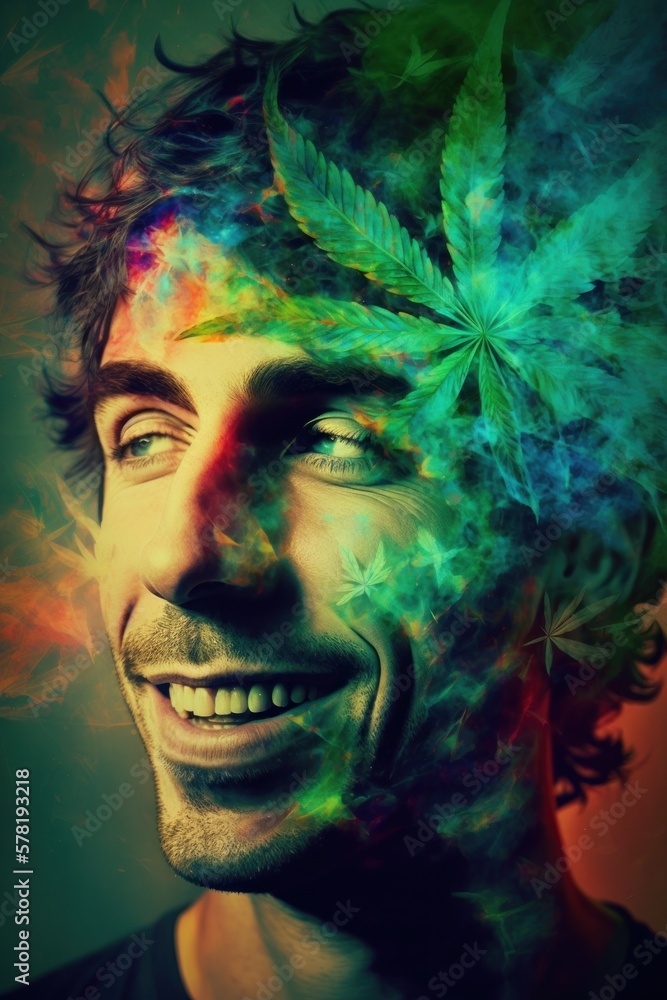 Fototapeta premium Cannabis 420 Culture: A Beautiful Artistic Designer Portrait of Hispanic Men and Women Adventuring Happily with Weed Marijuana with Colorful Psychedelic Smoke Background (generative AI