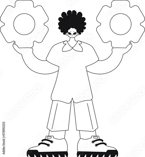 He grips gears in his grasp. Illustration done in vector format.