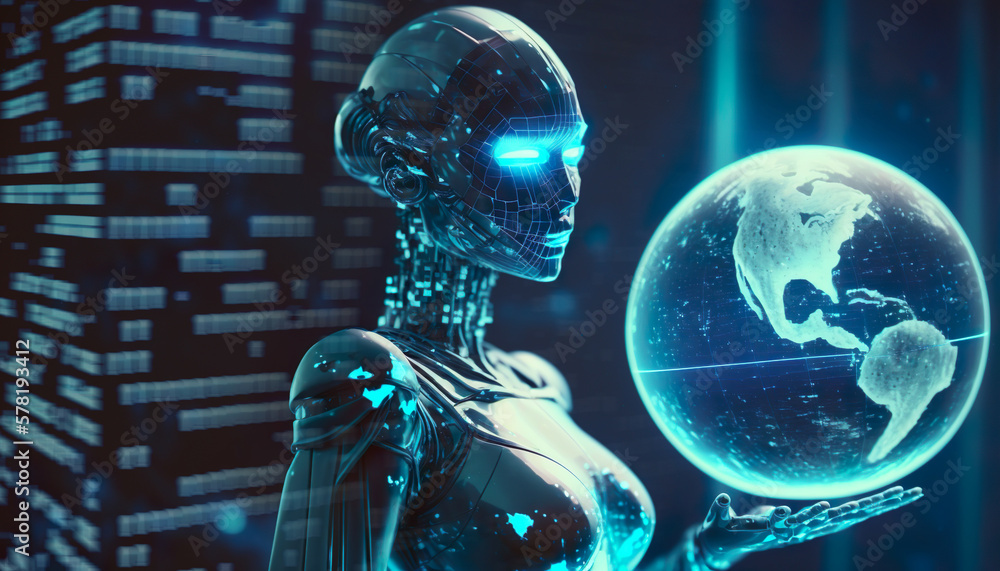 Robot ai artificial intelligence with earth,world technology security system and business industry concepts.machine learning.ai generated images Robot ai artificial intelligence with earth,world technology security system and business industry concepts.machine learning.ai generated images