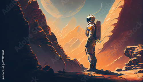 Illustration of Spaceman in Space Suit Standing on a Cliff in a Rocky Landscape, Generative AI