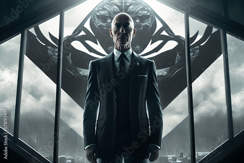 A portrait of a mature, scary head of an evil organisation, in his sky high class office, looking sinister and serious, from a potential TV or Film thriller 