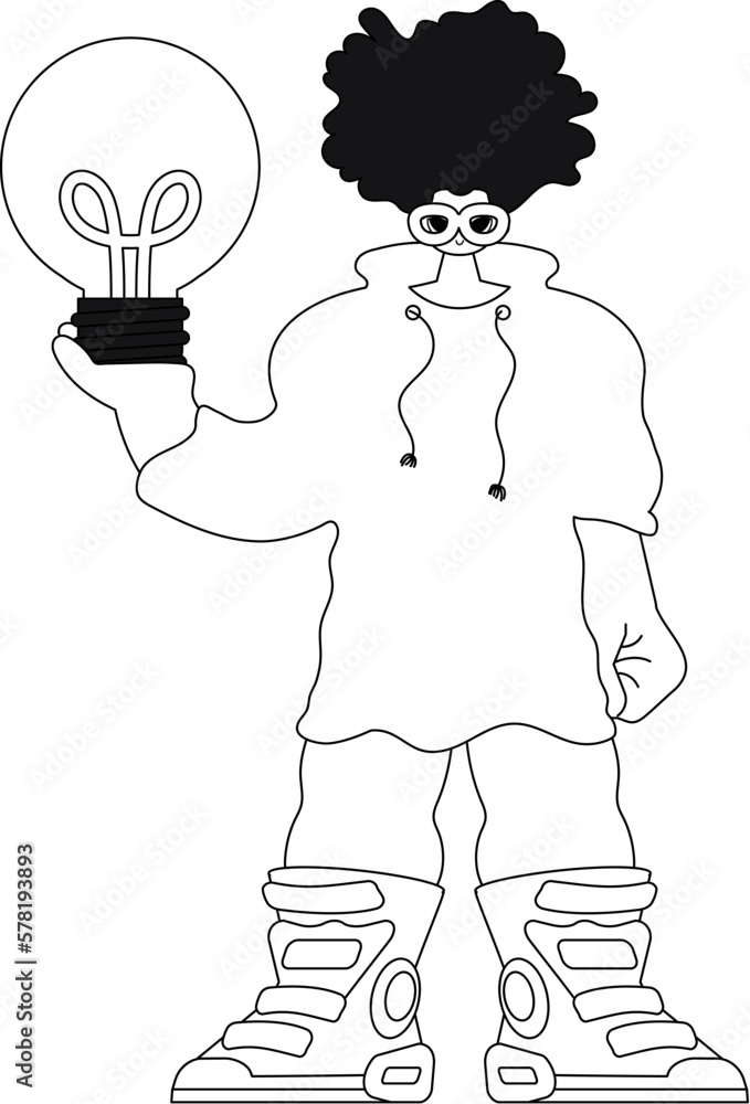 He holds a light bulb while embodying ideas in a linear styled vector illustration.