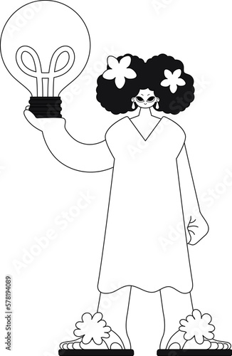 Girl holds light bulb, hinting to spark of ideas. Illustration in linear style.