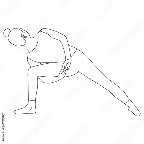 Line art of woman doing Yoga in bind pose. Side angle pose with a bind vector.