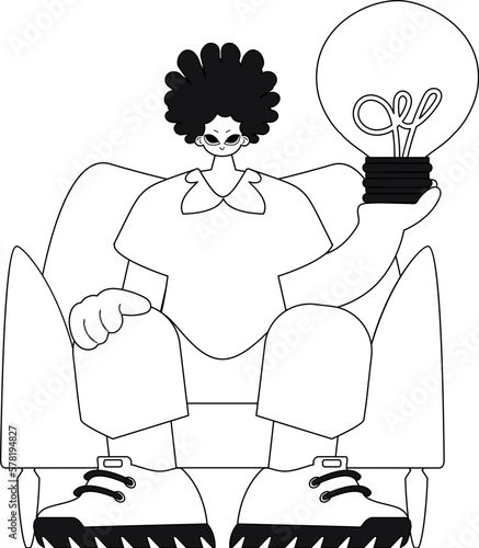 Man holding light bulb in their hands symbolising ideas with linear style vector illustration.