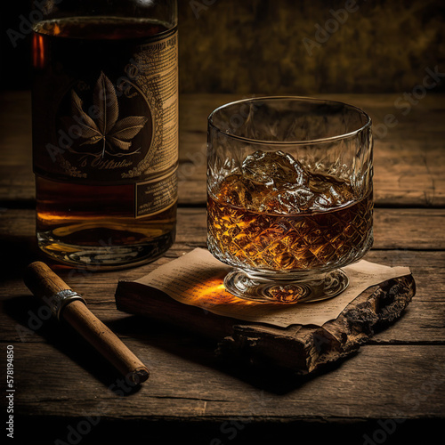whiskey glass wood table vintage cuban cigar