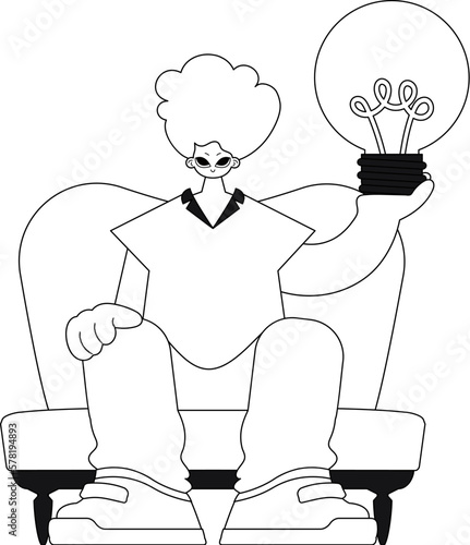 Man holds lightbulb and embodies ideas in linear vector illustration.