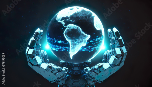 Robot ai artificial intelligence with earth world technology security system and business industry concepts.machine learning.ai generated images