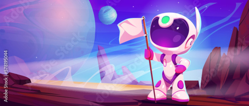 Astronaut with flag on moon or planet with outer space view. Cute spaceman in suit standing with blank white flag on alien planet surface, vector cartoon illustration