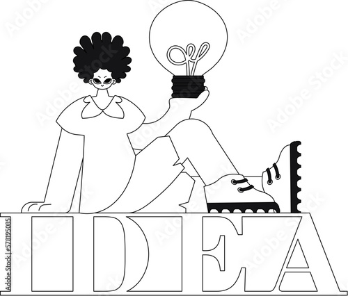 She holds a light bulb, symbolizing new ideas a linear style vector illustration.