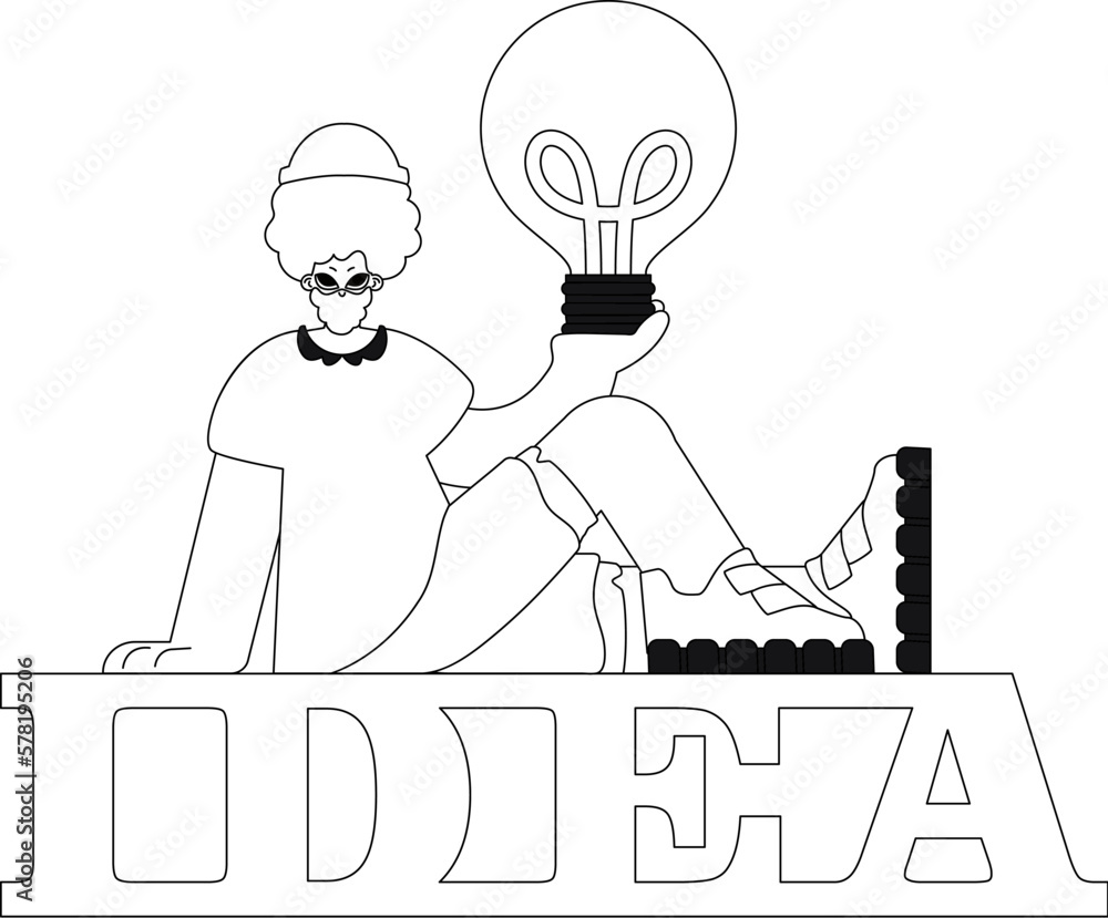 Fototapeta premium Man grasping a lightbulb; symbolizing insight and innovation. Linear vector illustration.