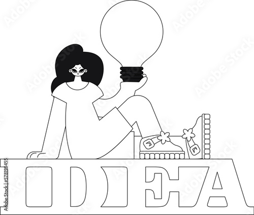 Girl holds light bulb, symbolising concepts and ideas. Linear vector illustration.