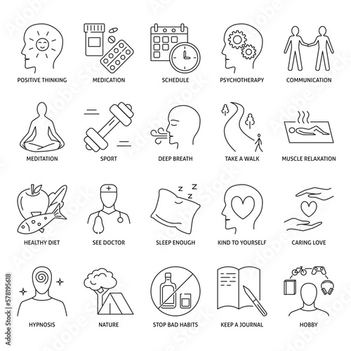 Stress relieve icon set in line style