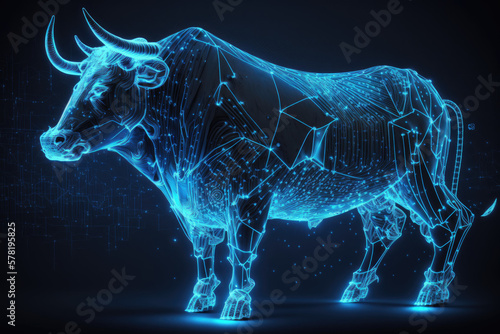 Bull and stock market graph in blue digital technology. Generative AI