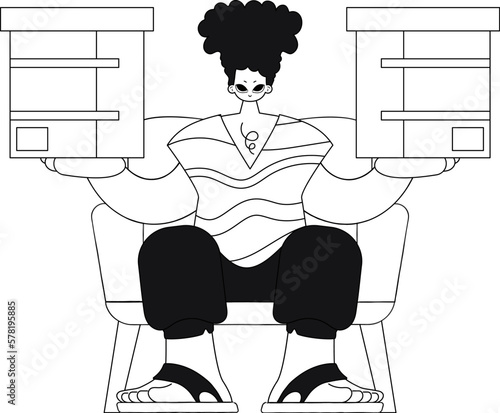 Guy carries a box, parcel shipment depicted in linear style illustration.