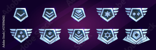 Set of military game rank badges isolated on background. Vector cartoon illustration of silver metal pentagonal insignia medals with stars, chevrons, wings. Gui progress symbol. Award for achievement