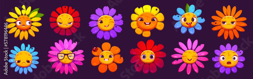 Colorful set of cartoon flower characters with different emotions isolated on background. Vector illustration of cute daisy bloom emoji, happy, smiling, serious, sad, surprised, crazy, winking faces