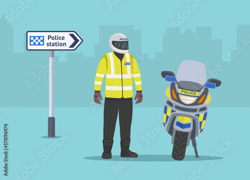 Isolated european motorcycle police officer stands beside the motorbike. Perspective front view. Flat vector illustration template.