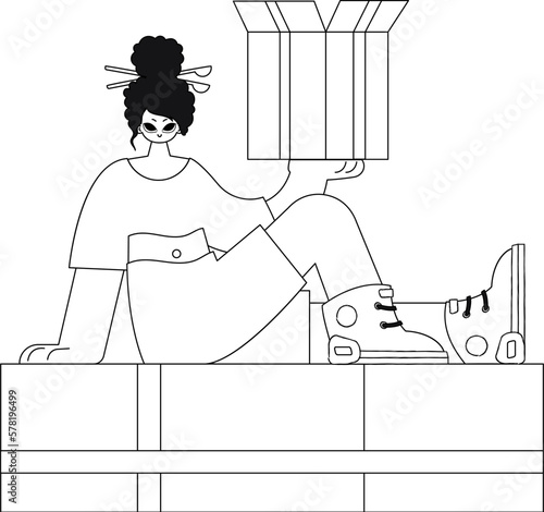 Girl holds box; delivering parcel. Line illustration in vector format.