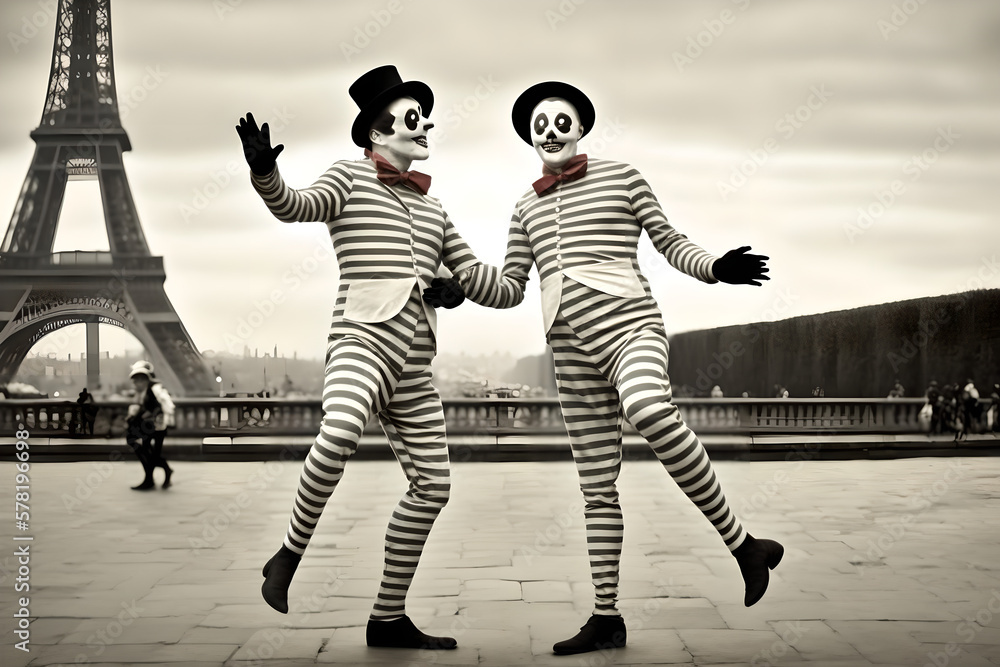 Two black and white french mimes being playful and funny in Paris