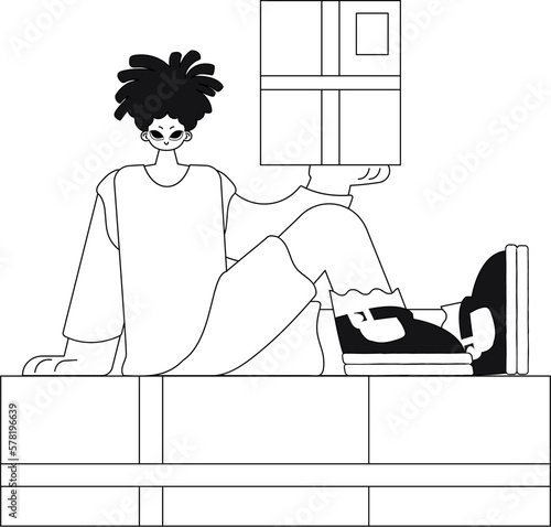 He carries a box, delivering its contents. Linear design, Vector art.